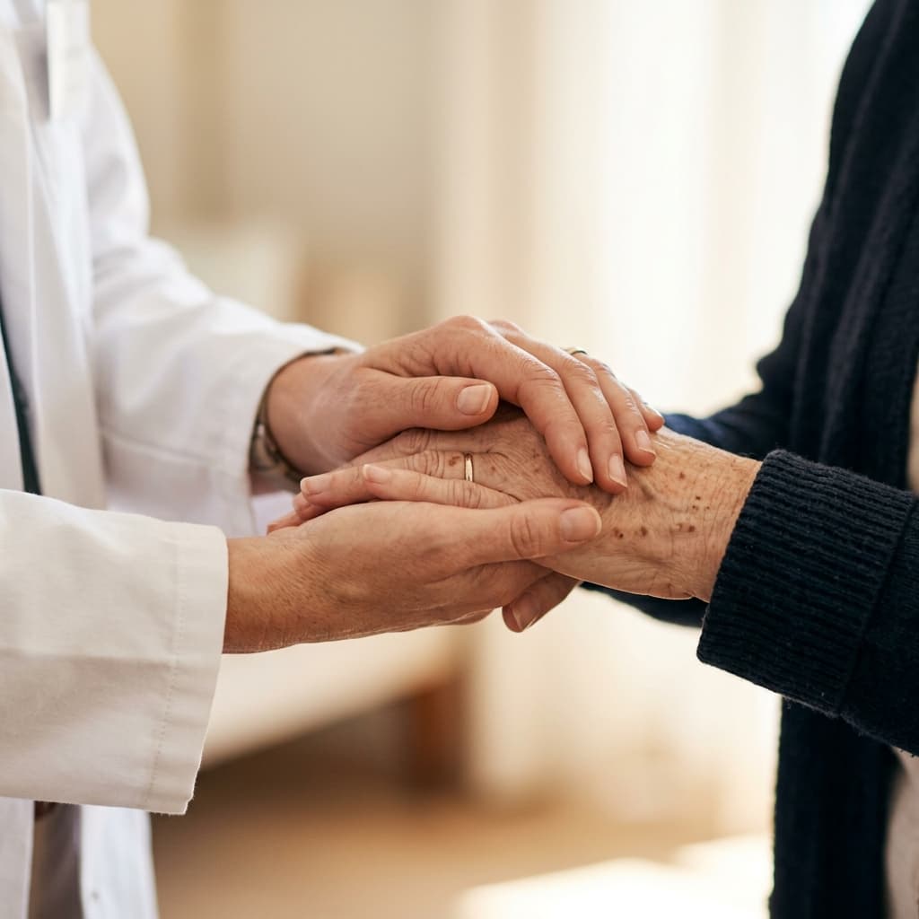 Doctor holding a patient's hand supportively showing compassionate medical care