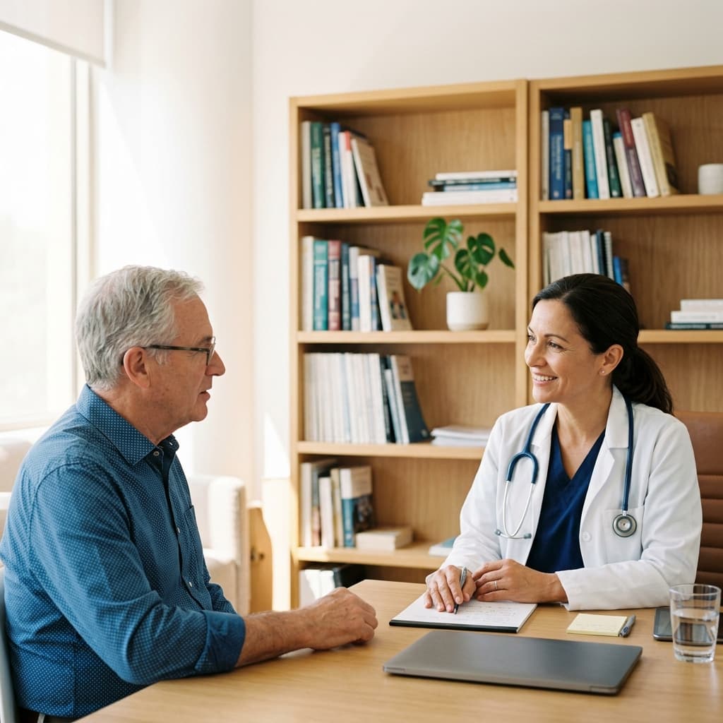 Doctor speaking with a patient in a bright consultation office